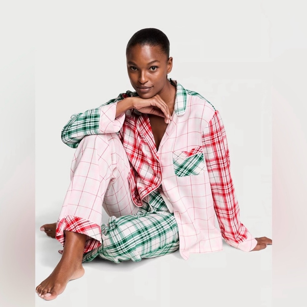 VICTORIA'S SECRET Sleep Flannel Long Pajama Set Pink Green Red Plaid xxl